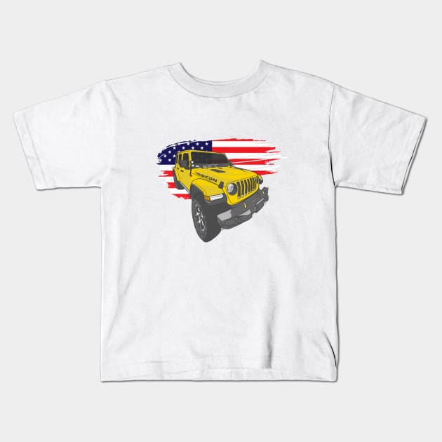 Jeep Wrangler with American Flag - Yellow Kids T-Shirt by 4x4 Sketch